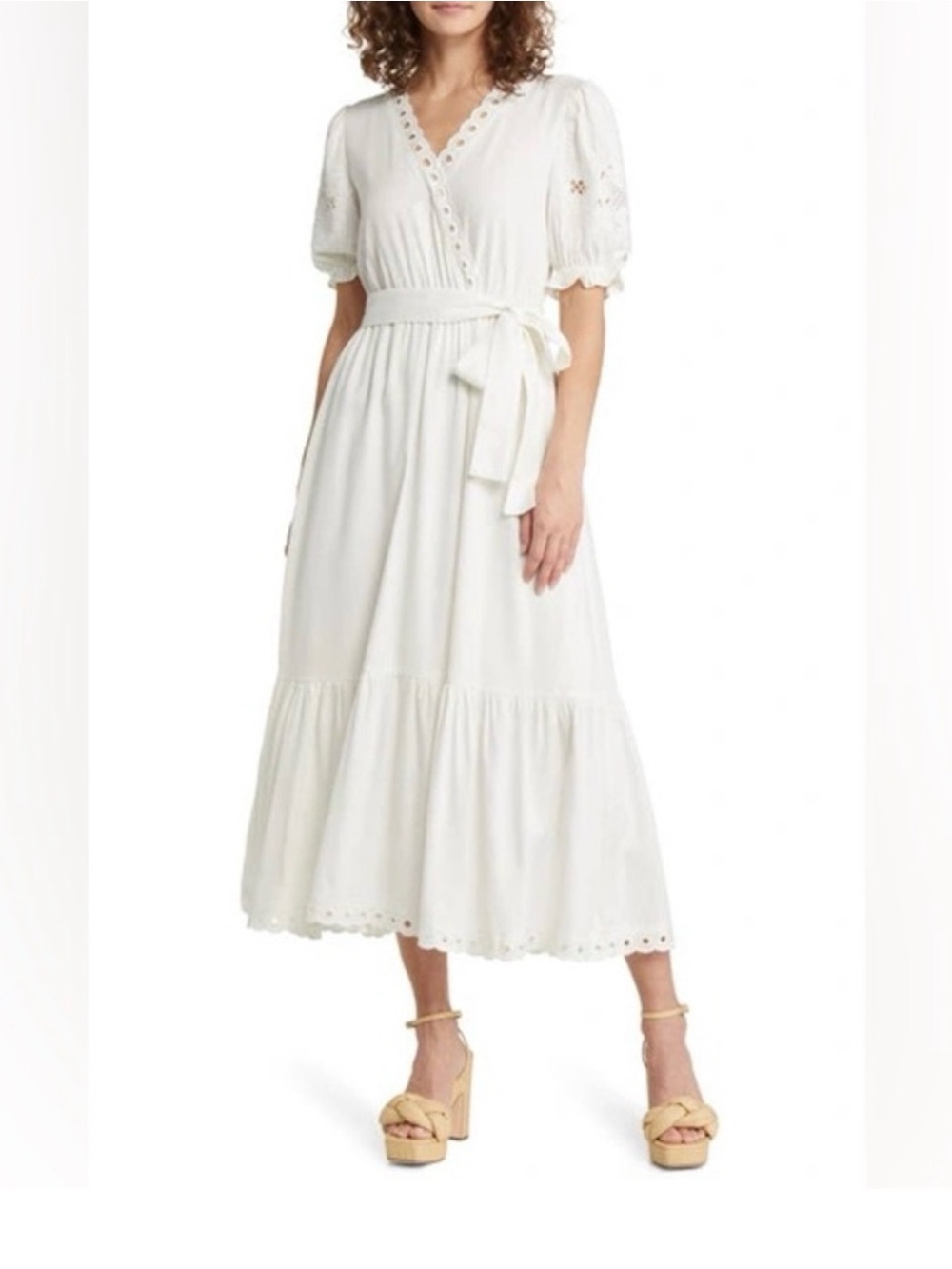 Moon River White Eyelet Midi Dress with Puff Sleeves